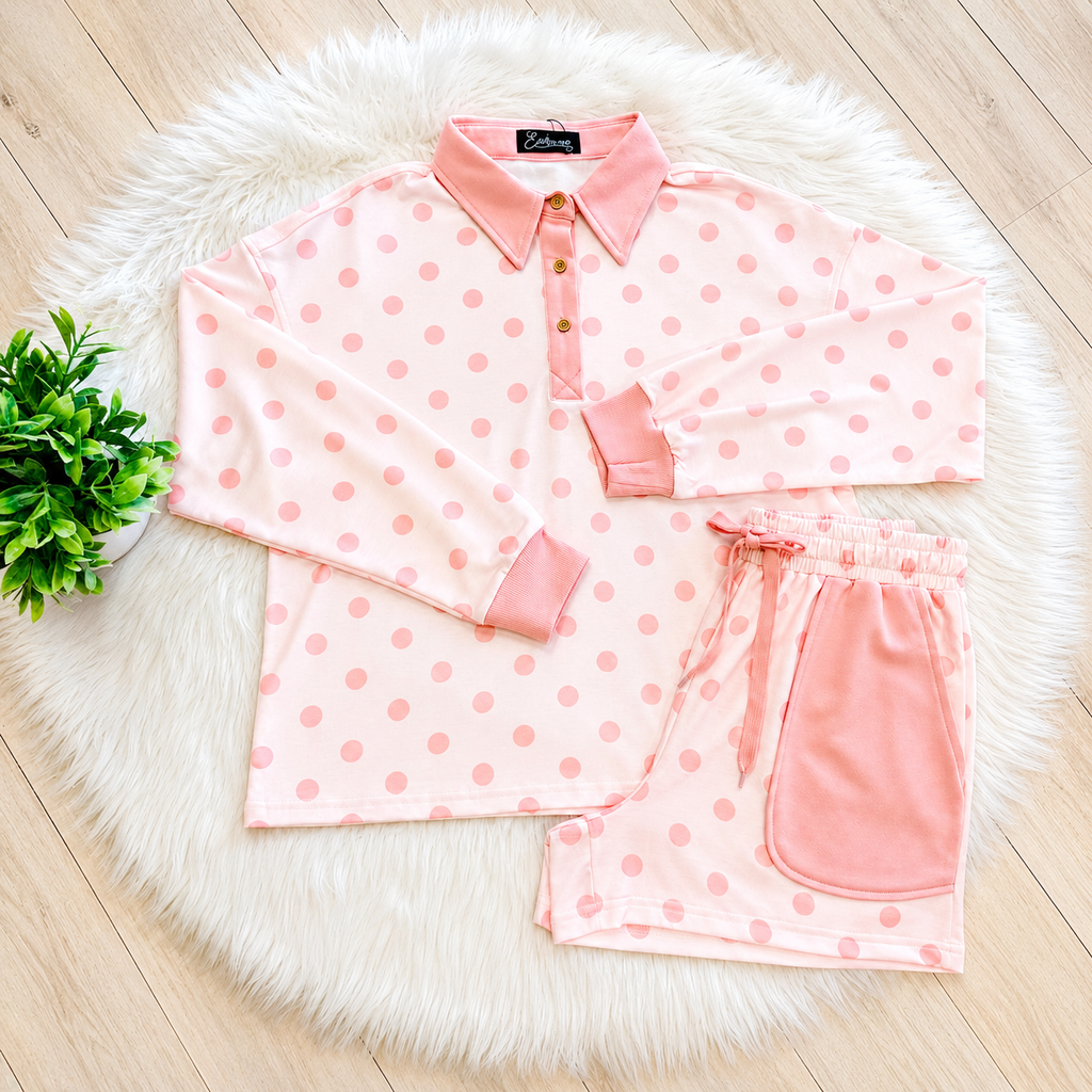 Women’s Evermmee Light Pink Polka Dot Collared Short Set