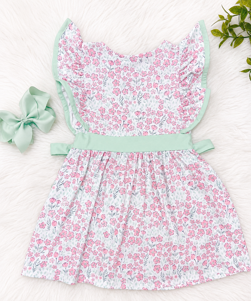 Girl’s Pink and Sage Floral Print Tractor Dress