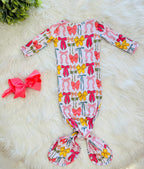 Girl’s Bow Printed Knotted Gown with Matching Headband