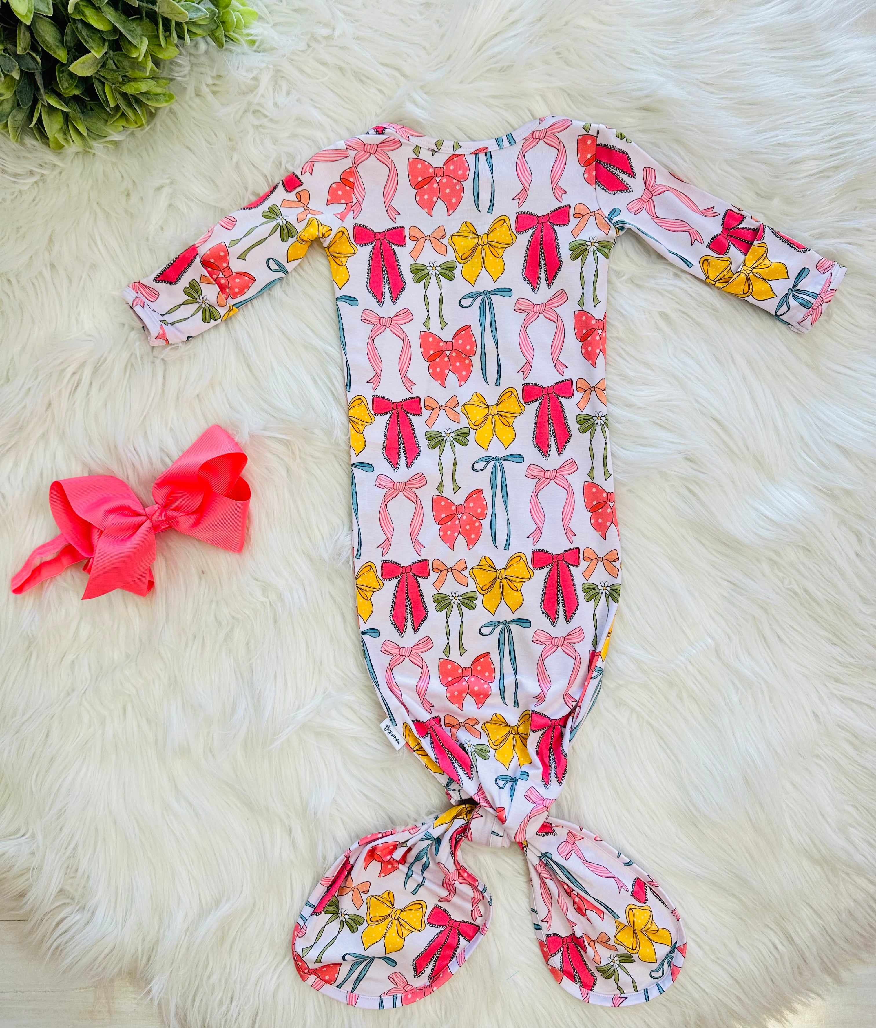 Girl’s Bow Printed Knotted Gown with Matching Headband