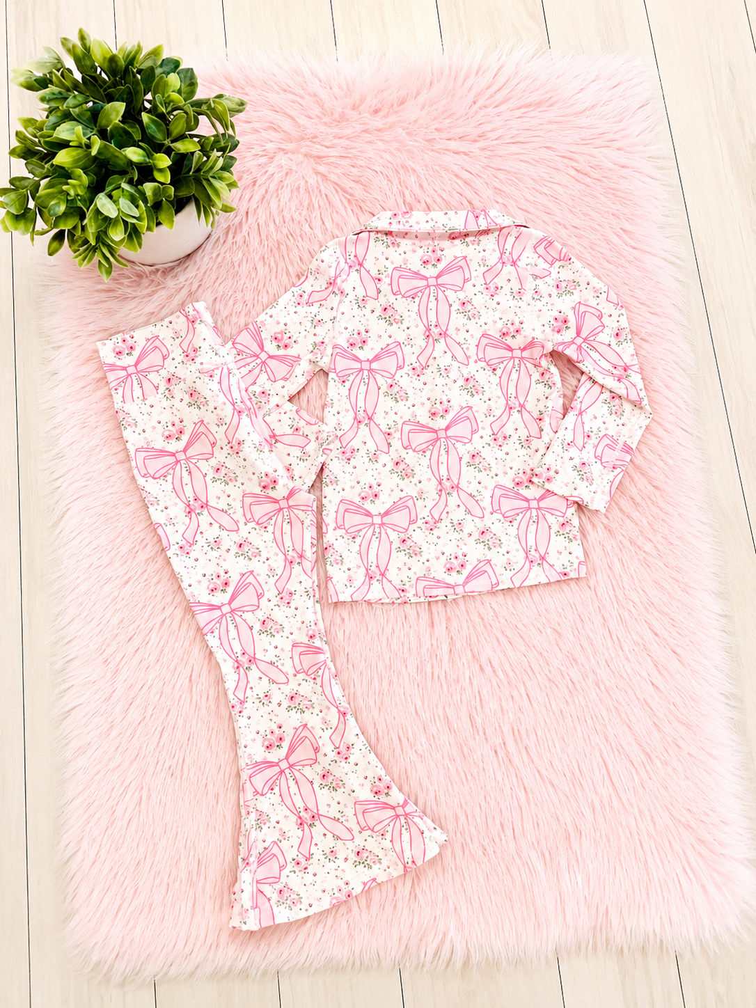 Girl’s Pink Bow Zip up Jacket and Flare Pant Outfit Set