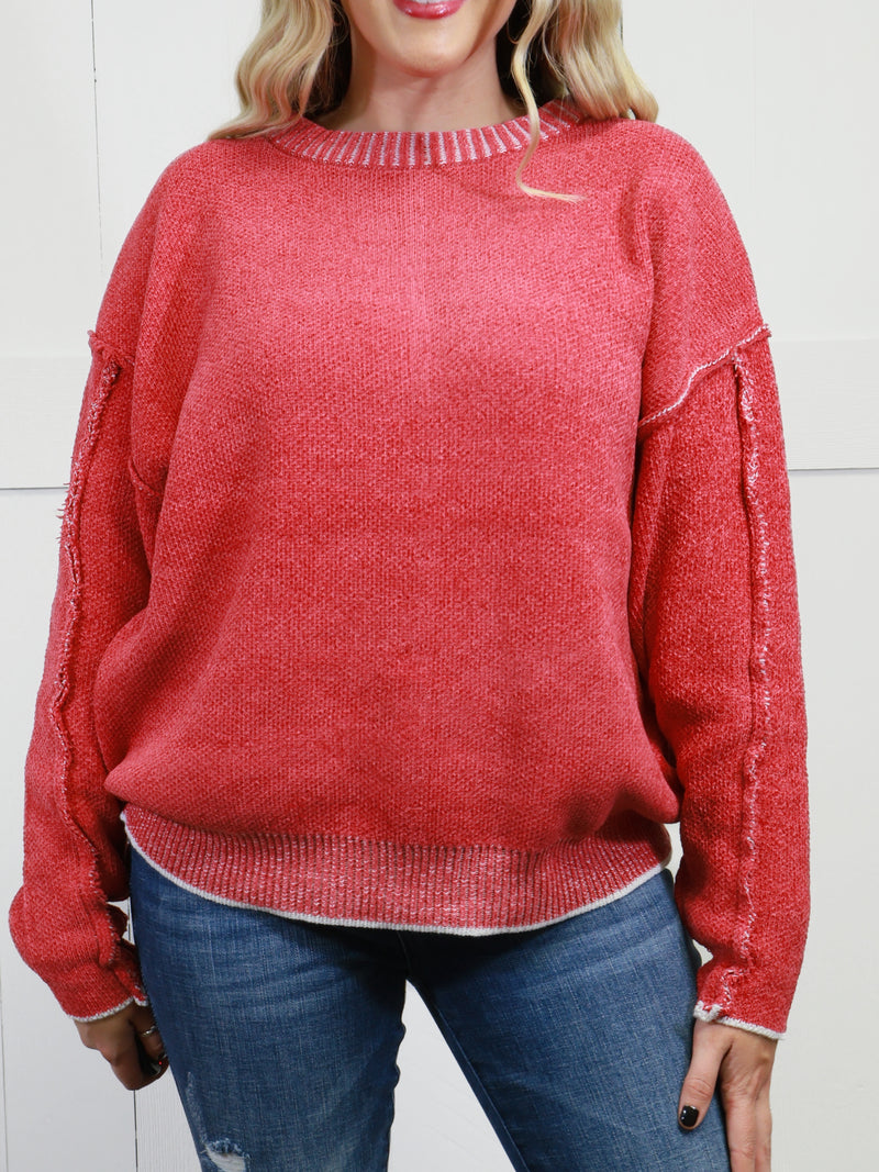 Women’s Basic Zenana Exposed Seam Round Neck Sweater Dark Red Pullover