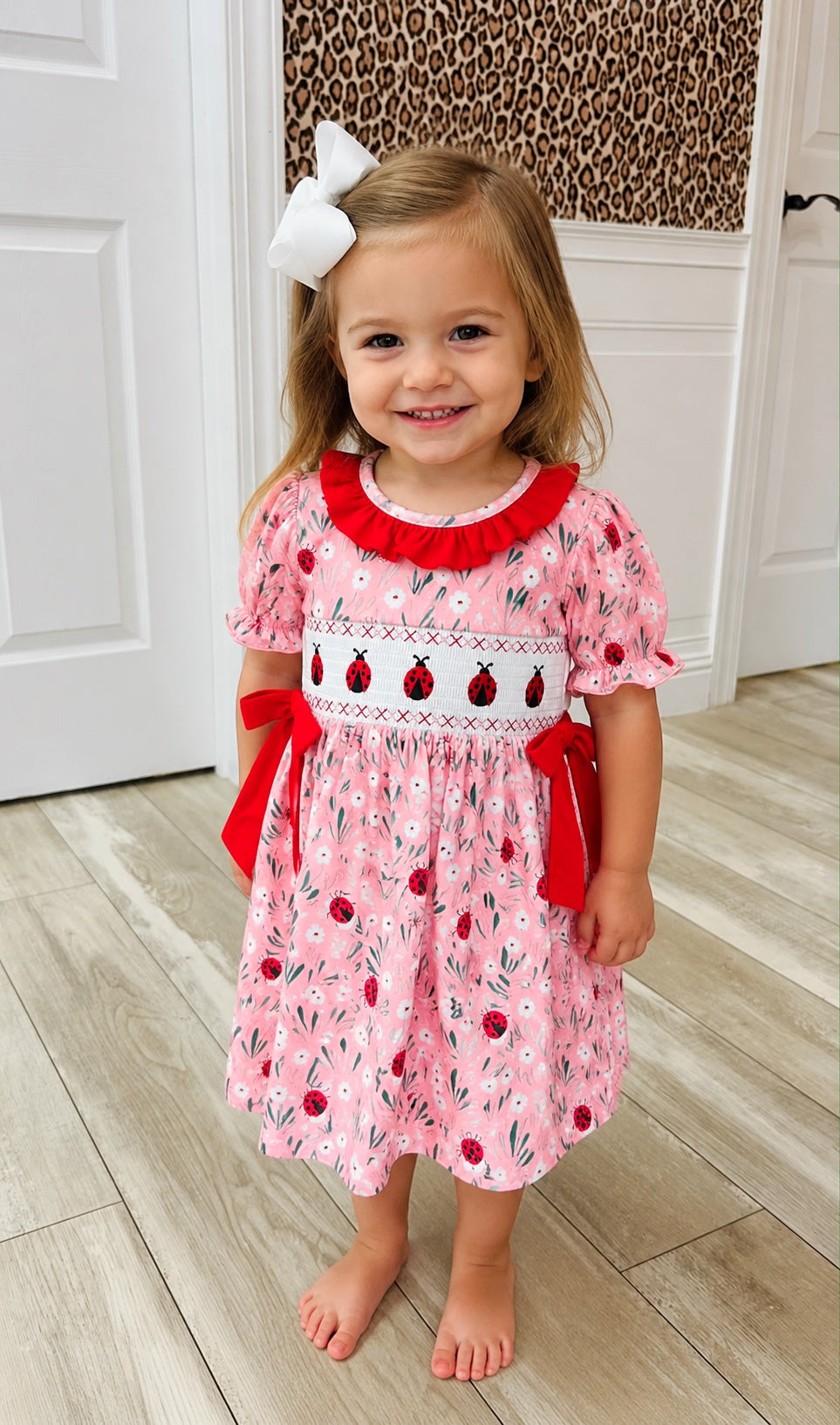 Girls Ladybug Smocked Embroidered Girls Dress