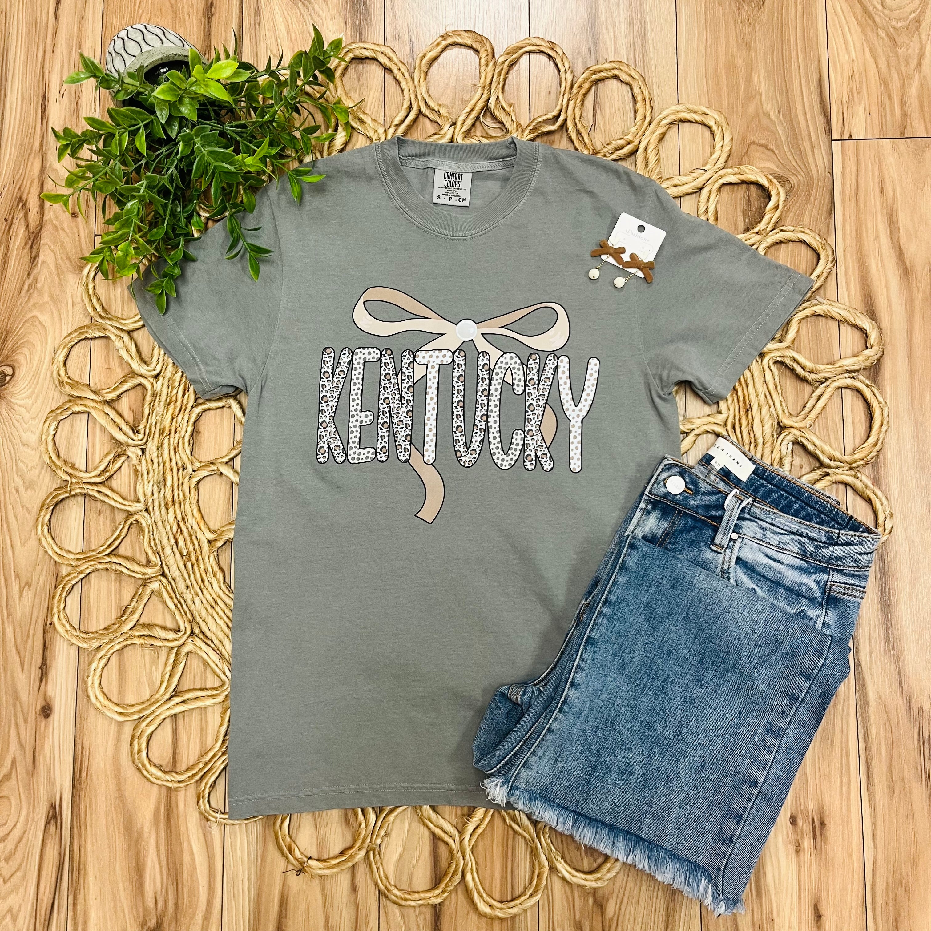 Women’s Grey “Kentucky” Cheetah Print Polka Dot Bow Tee