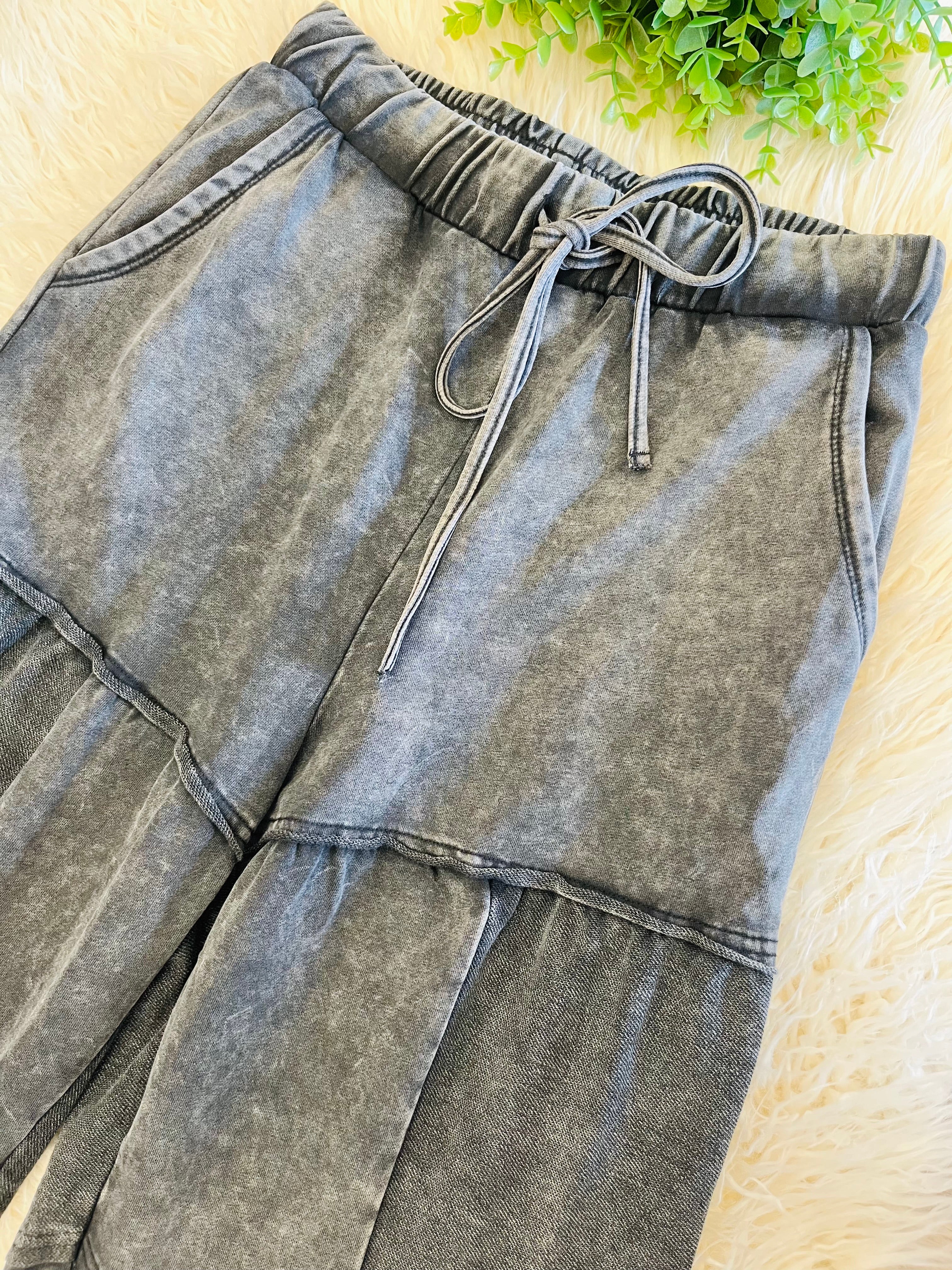 Women’s Evermee Grey Mineral-Washed Wide-Leg Patchwork Pants