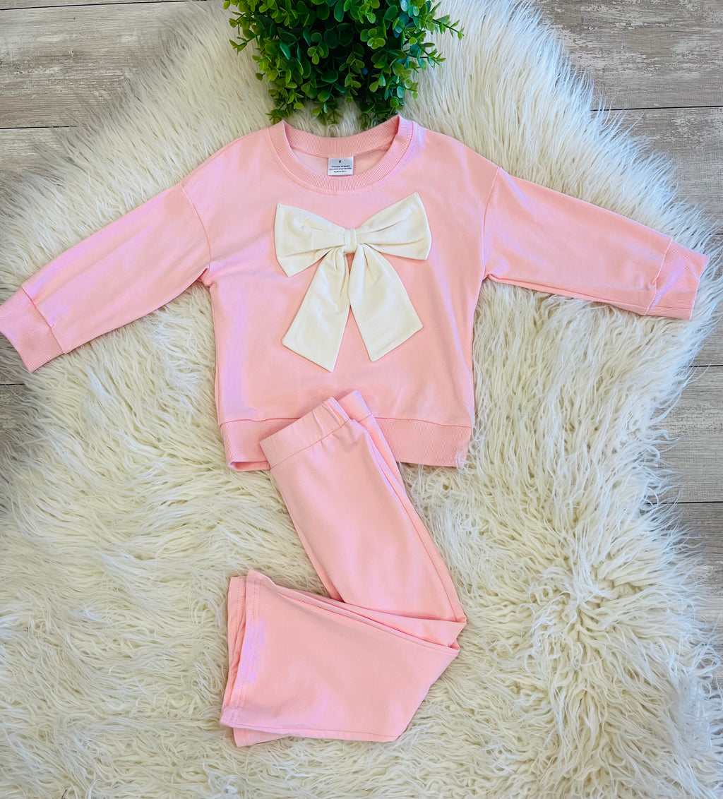 Girl’s Light Pink Outfit with Bow on Sweater