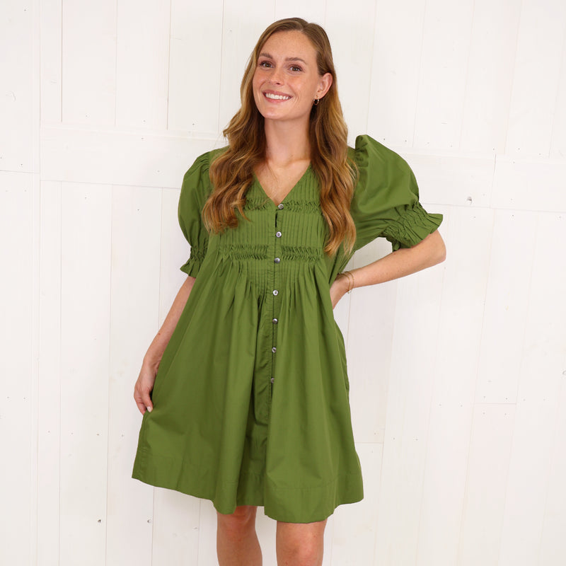 Entro Green Button Down Smocked Neck Dress