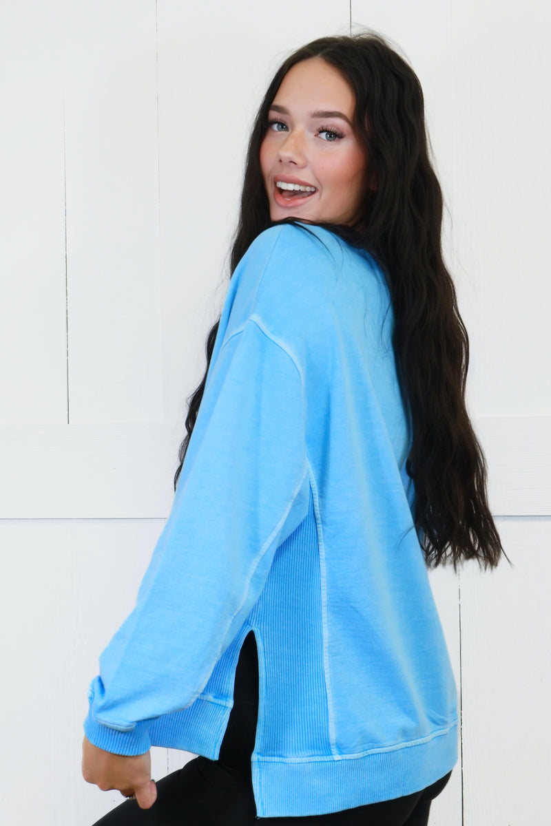 Women’s Basic Zenana Enzyme Wash Split Side Oversized Pullover Deep Sky Blue Sweater