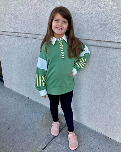 Girls Green and Striped Sleeve Pullover - Mini Mee Boutique