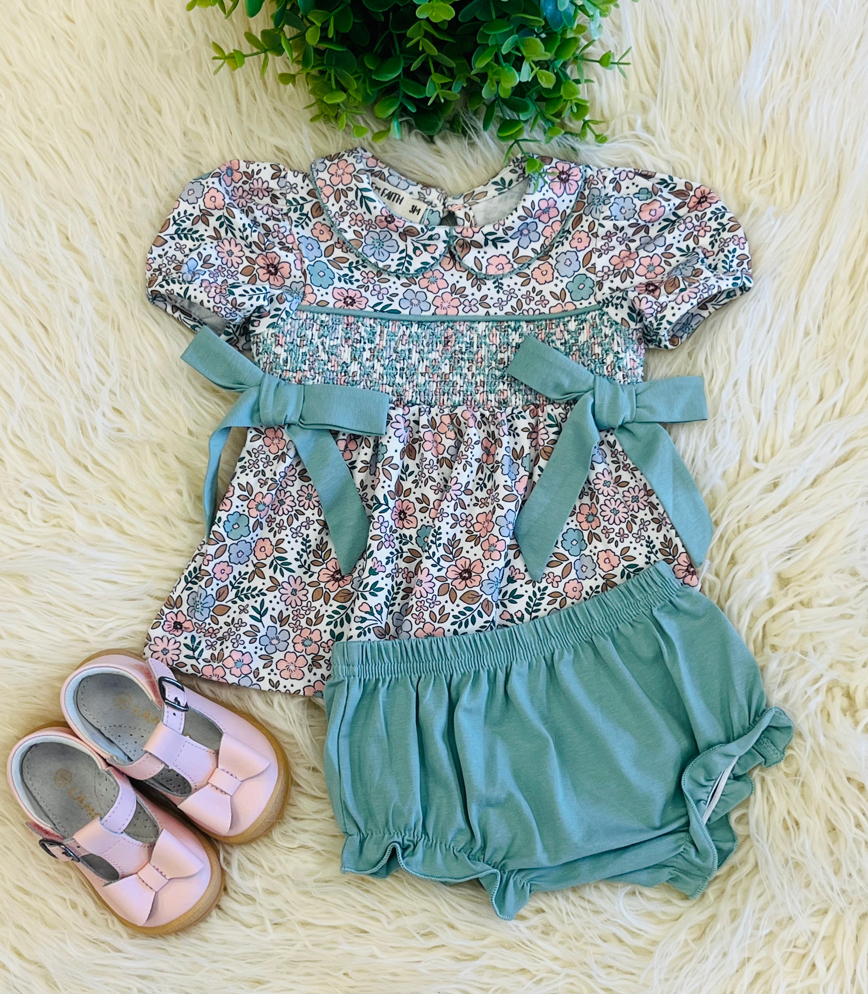 Girl’s Sage Green Smocked Baby Bloomer Set