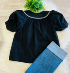 Womens Tie Neck Short Sleeve Top With Embroidered Triangle Details