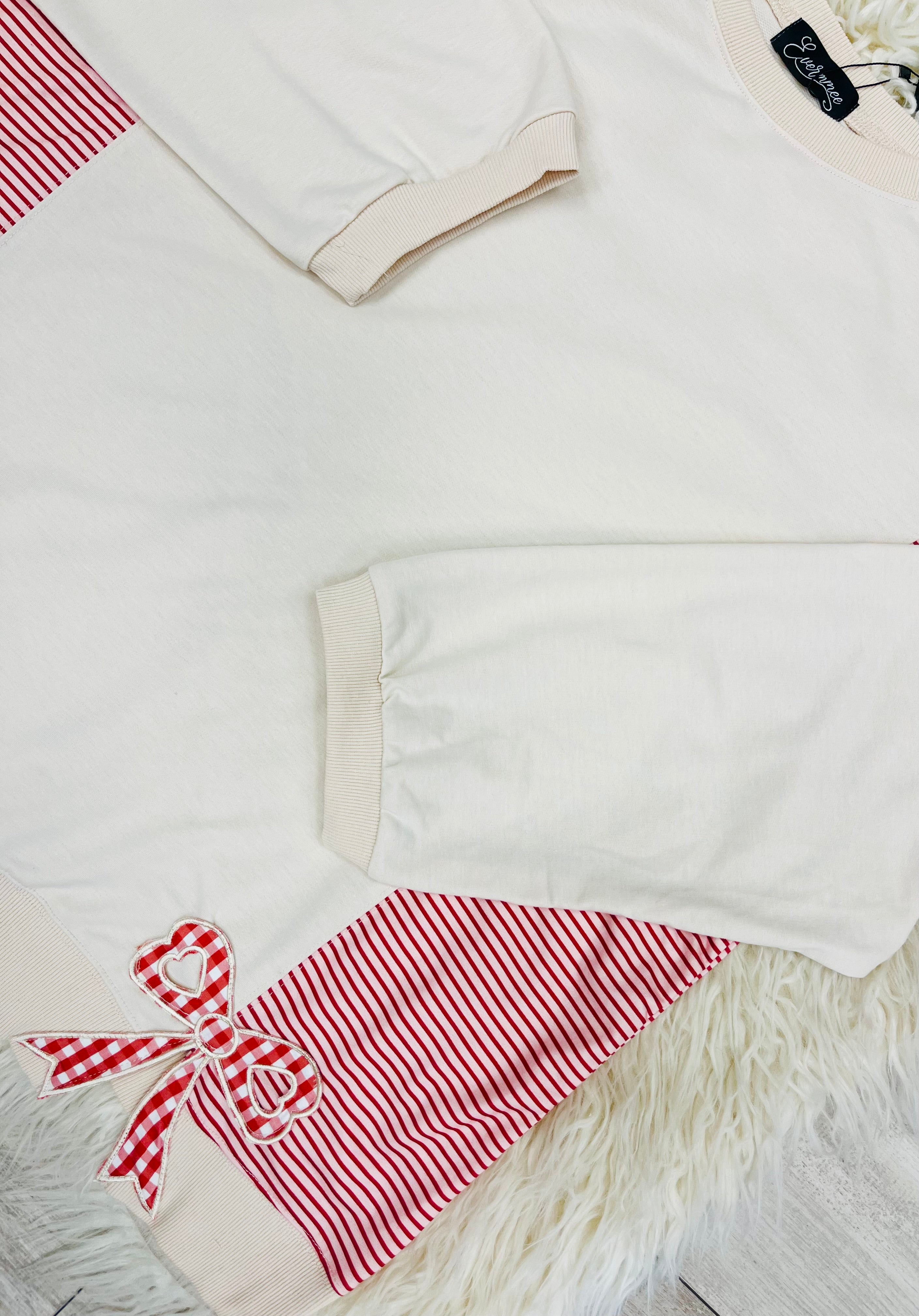 Women’s Evermmee Cream with Red and Pink Stripe and Bow Detail Top- Loose Fit