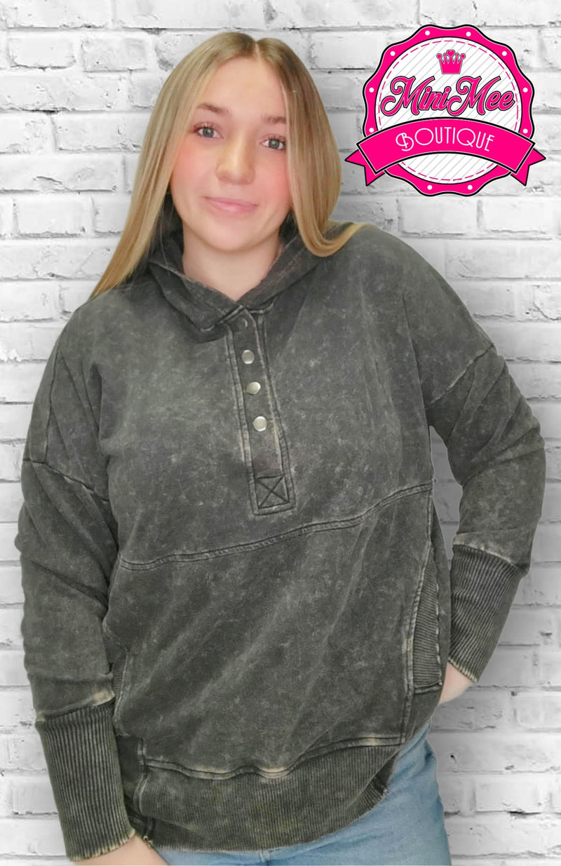 Women’s Acid Wash Button Up Pullover - Black