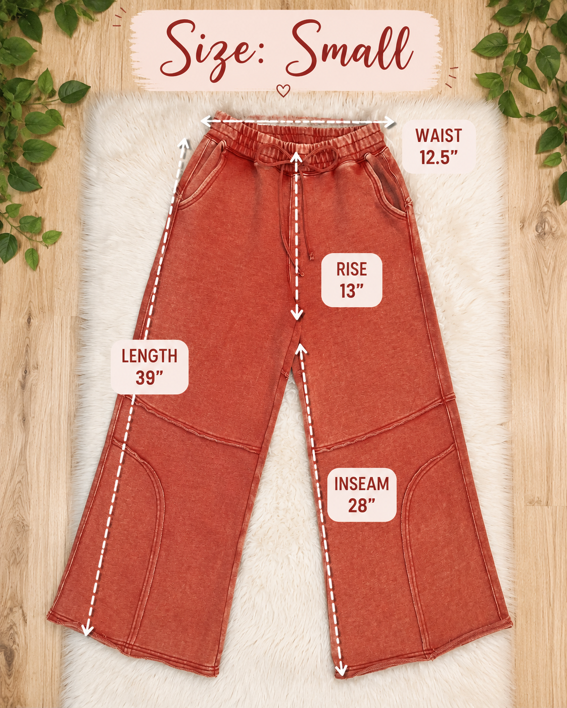 Women’s Zenana Rust Wide Leg Acid Wash Pants- Oversized