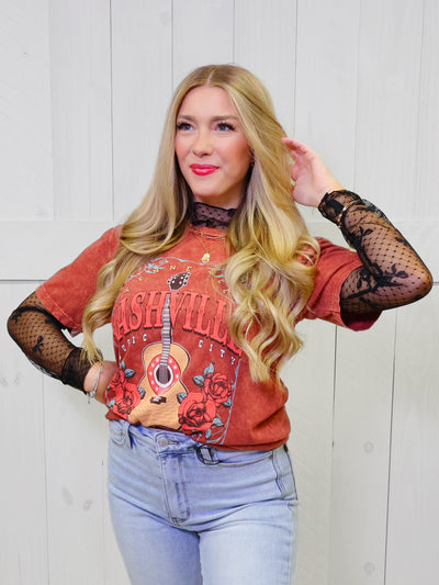 Sewn + Seen Black Bow Print Long Sleeve Lace Top