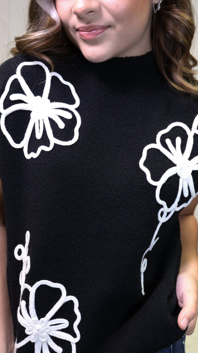 Mock Neck Black Floral Trim Sweater