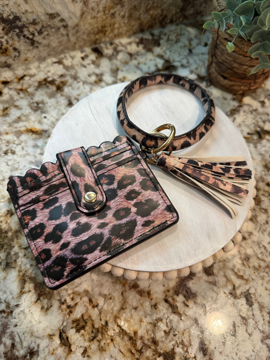 Wristlet ID Badge Pouch Keychain Leopard Leather