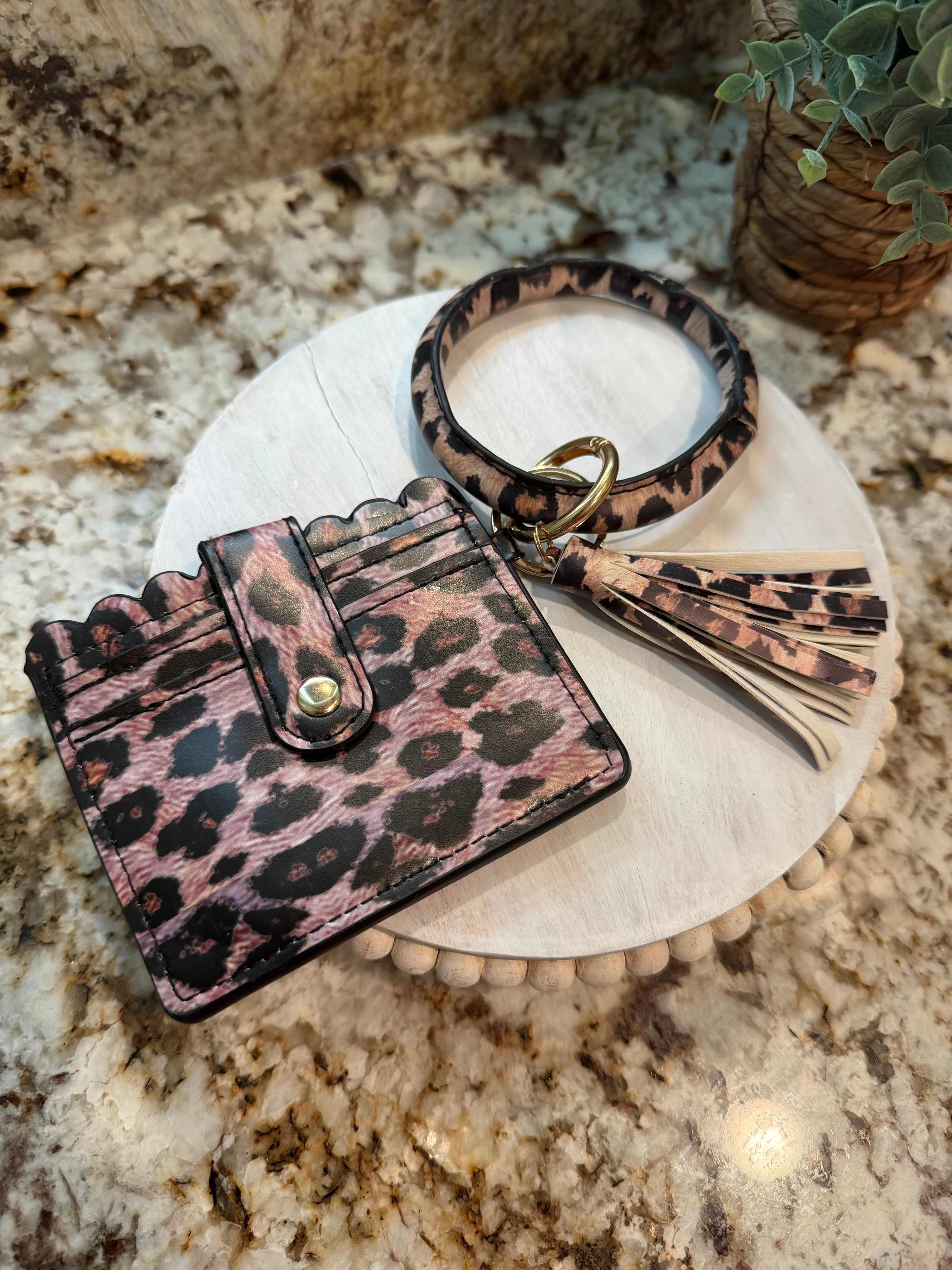 Wristlet ID Badge Pouch Keychain Leopard Leather