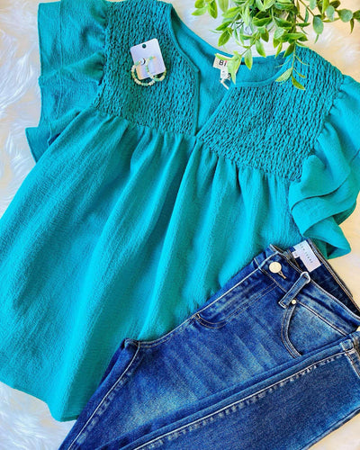 Teal Top with Ruffle Sleeves - Mini Mee Boutique