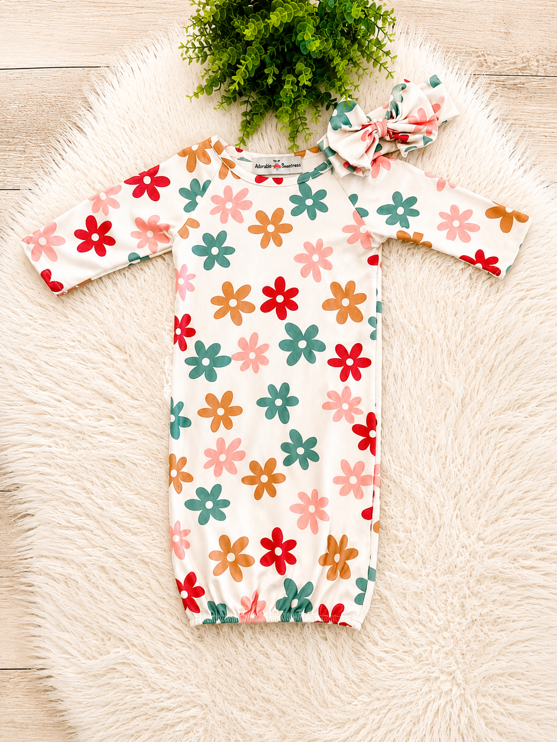 Girl’s Fall Floral Baby Gown with Matching Headband