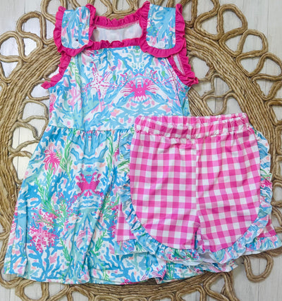 Girl’s Beach Pattern Dress With Shorts - Mini Mee Boutique