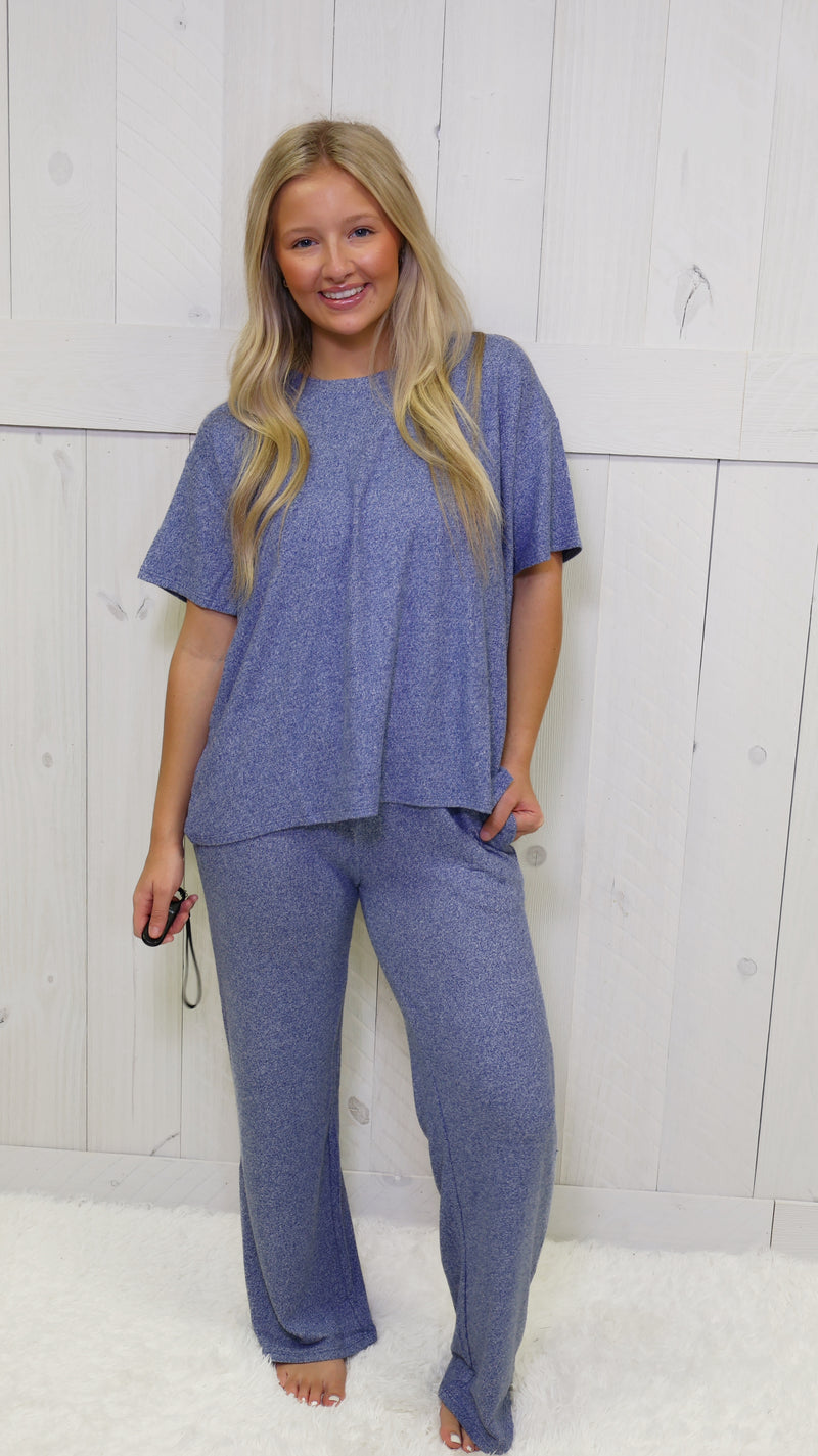 Zenana light Navy Soft Melange Short Sleeve Lounge Set