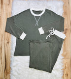 Women’s Zenana Olive Green White Detail Ribbed Set