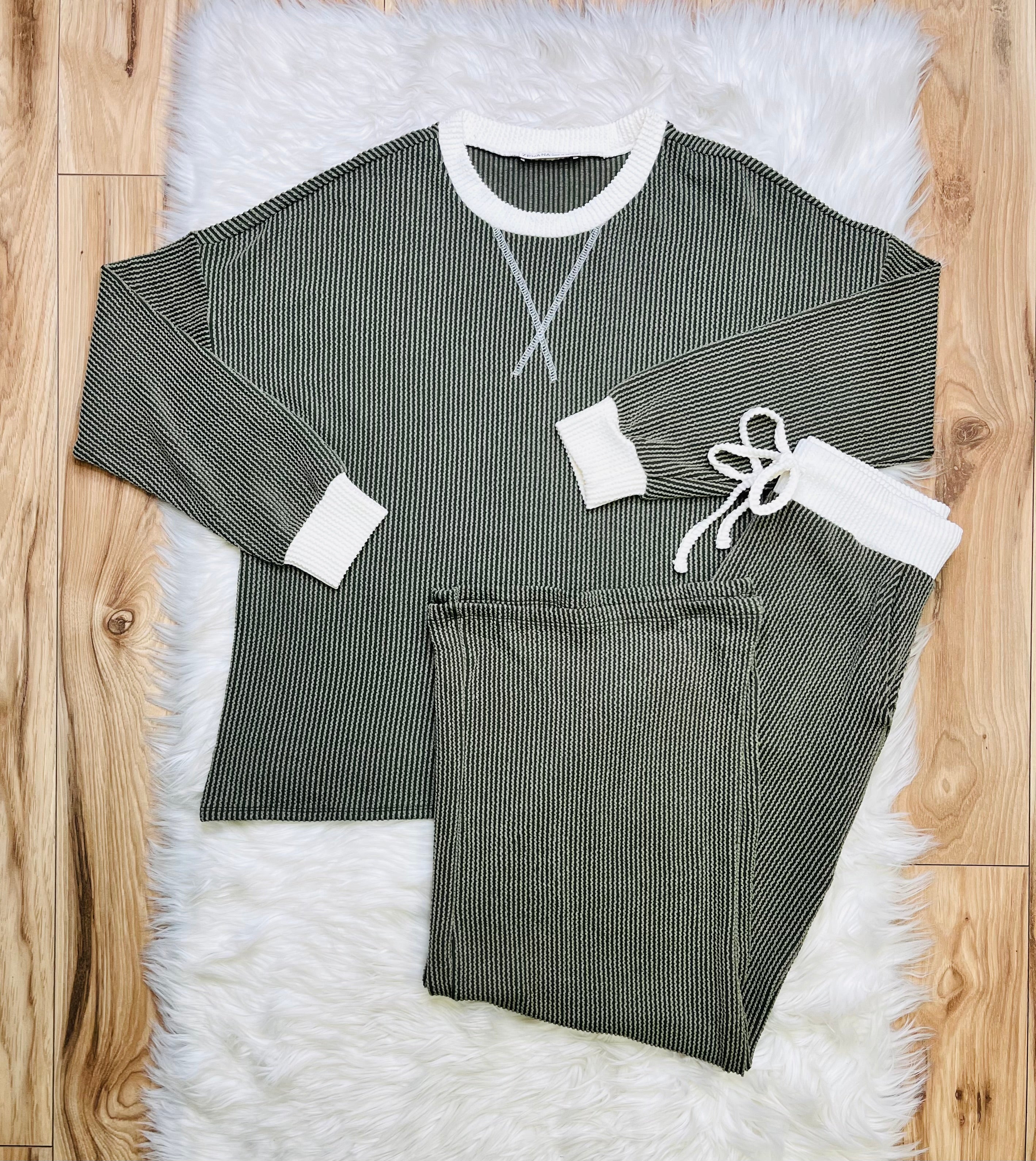 Women’s Zenana Olive Green White Detail Ribbed Set