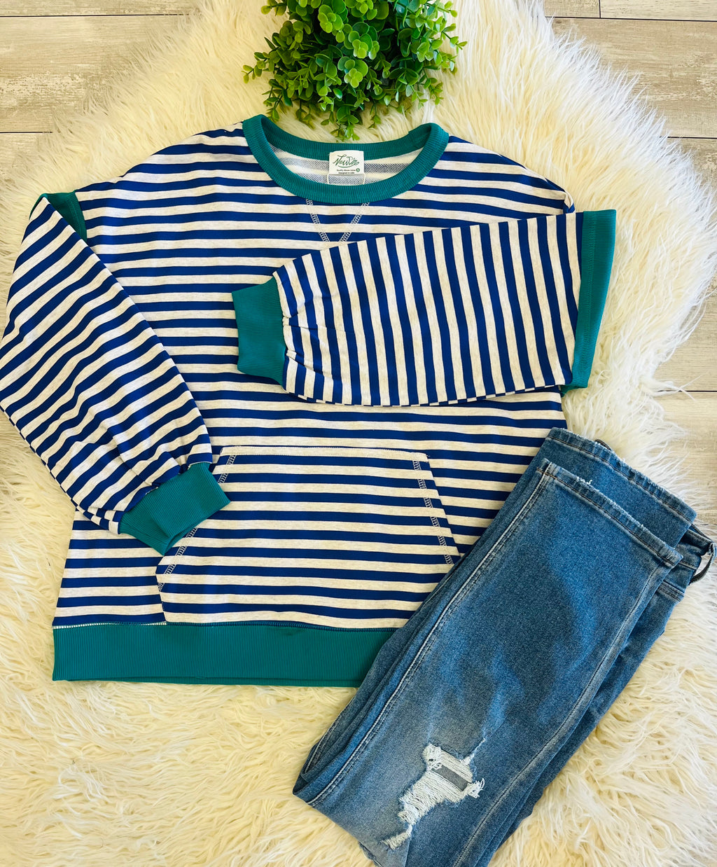 Women’s Blue and Grey Stripe with Green Detail Front Pocket Long Sleeve - Oversized
