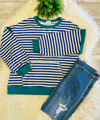 Women’s Blue and Grey Stripe with Green Detail Front Pocket Long Sleeve - Oversized
