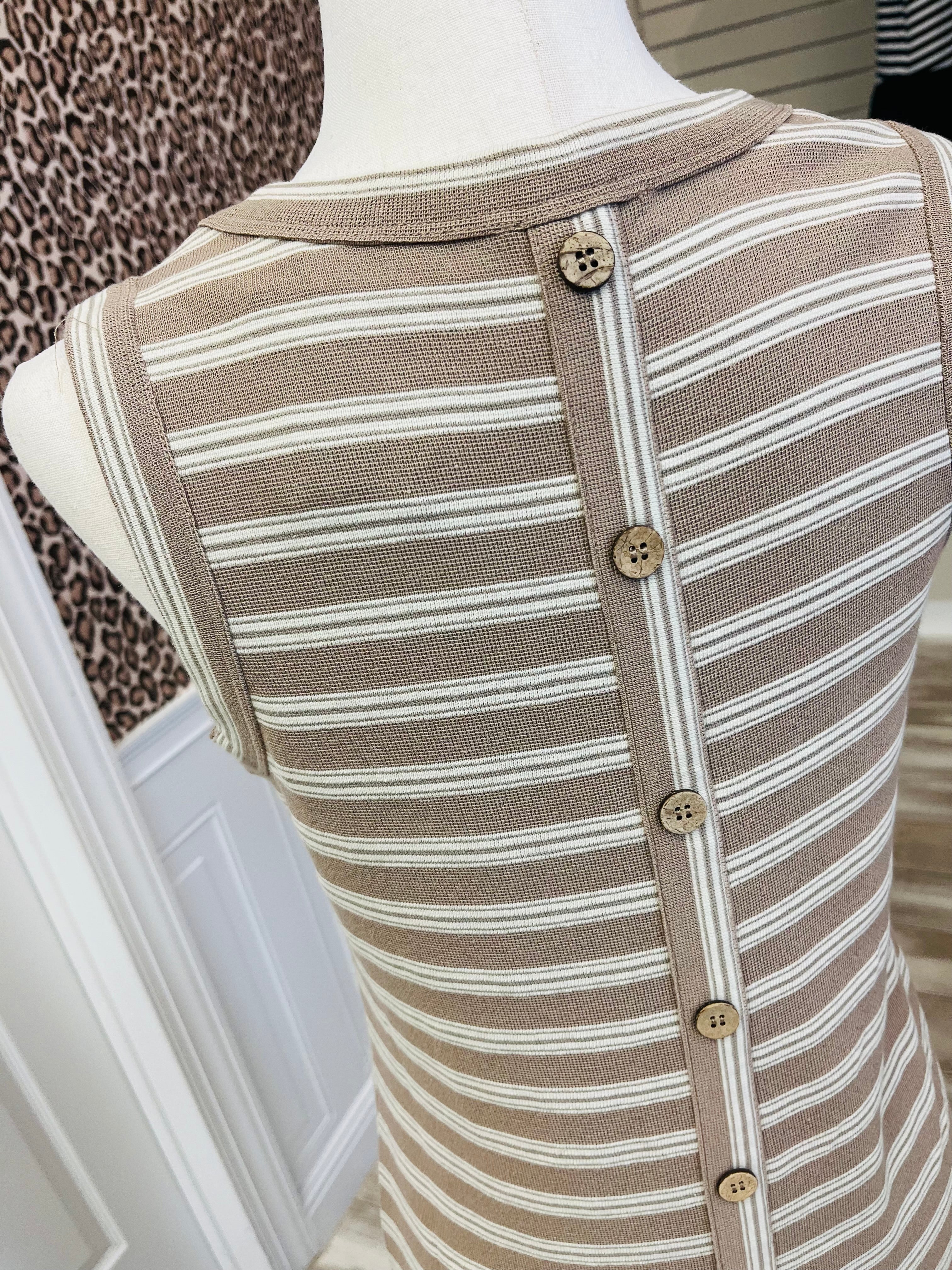 Women’s Blue Pepper Taupe Stripe Button Down Back Dress