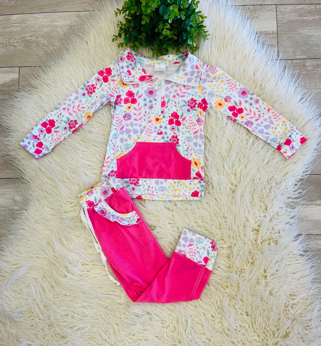 Girl’s Pink Floral Quarter Zip Two Piece Set