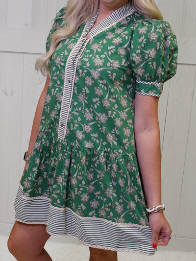Green Split Neck Floral Button Dress
