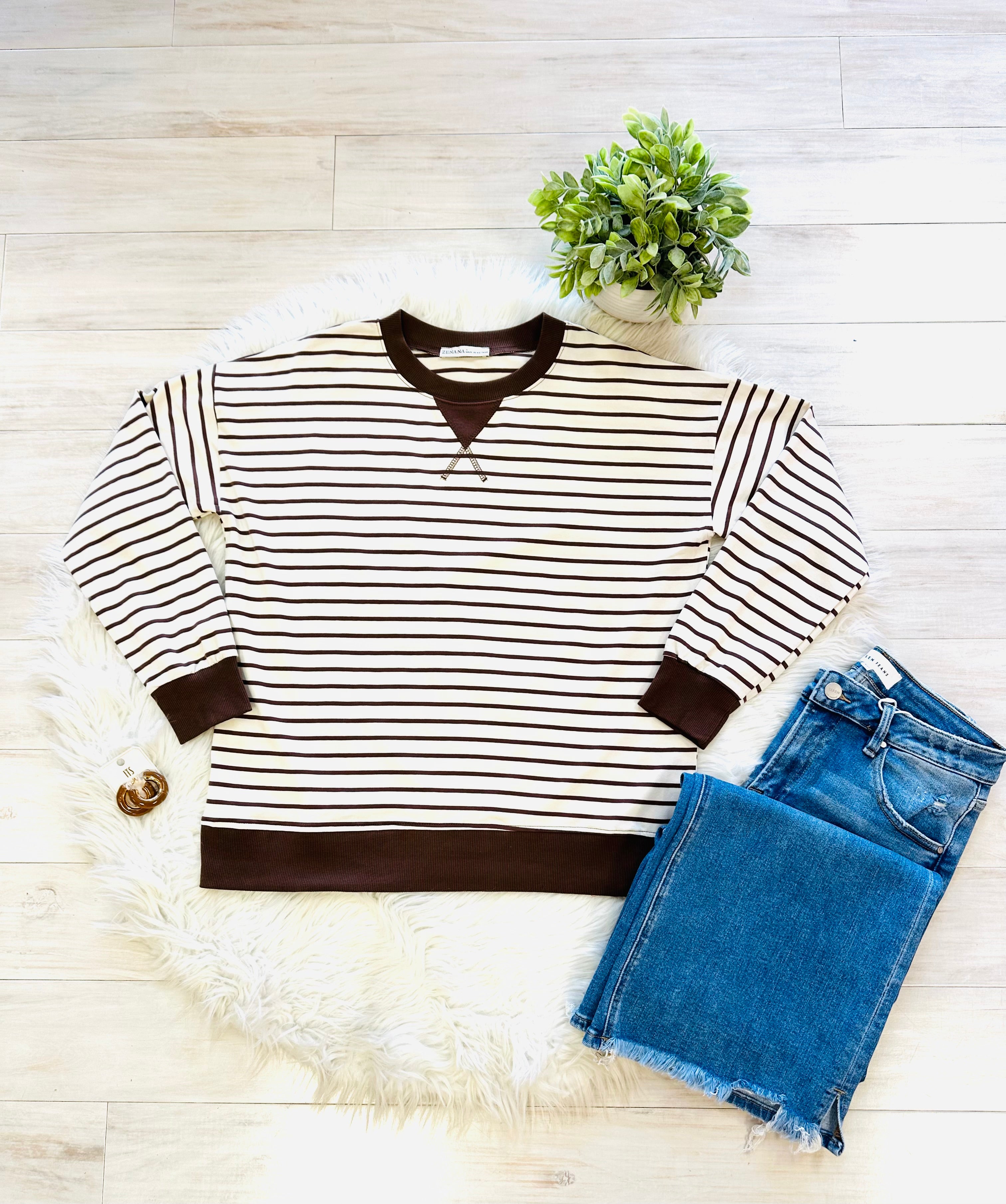 Women’s Zenana Striped Brown Long Sleeve Top
