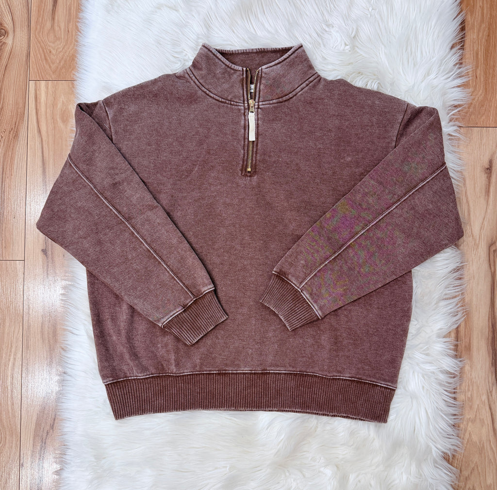 Women’s Zenana Mocha Acid Wash Quarter Zip Pullover True to Size