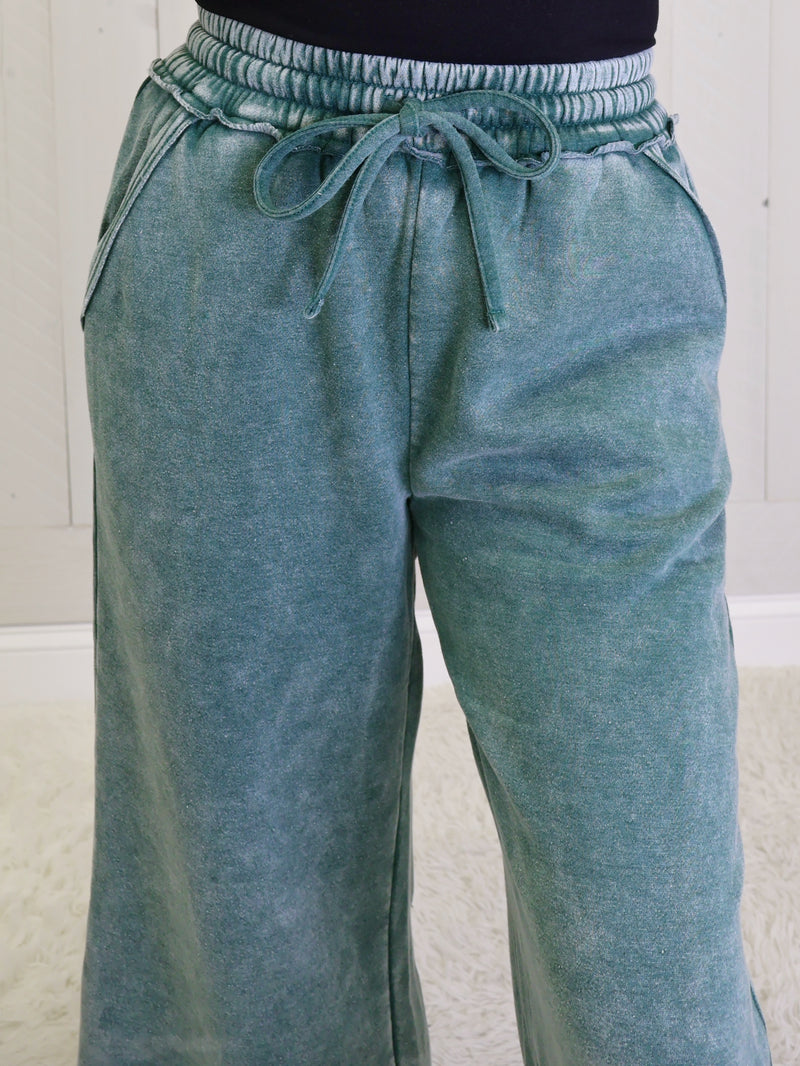 Dark Green Acid Wash Fleece Palazzo pants with pockets
