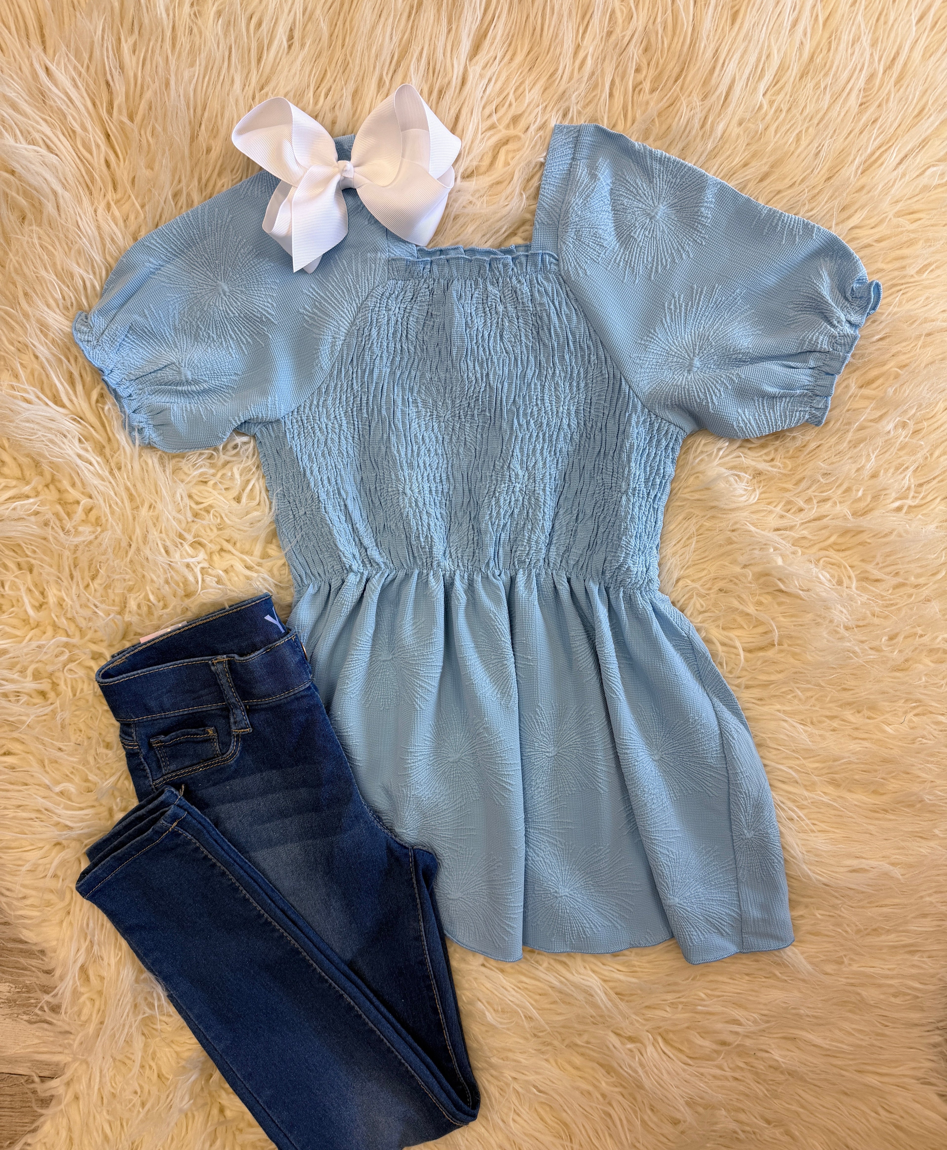 Girls Blue Babydoll Smocked Top