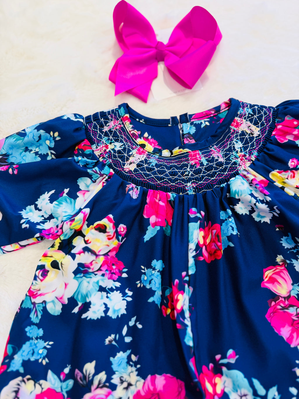 Girls Navy Floral Smocked Romper