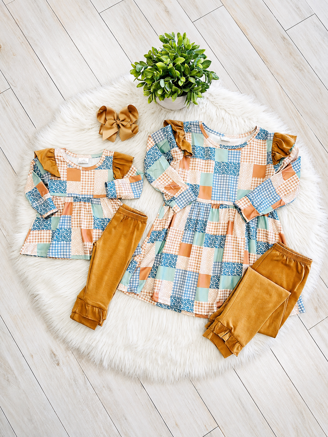 Girl’s Mixed Ruffle Patchwork Brown Pant Outfit Set
