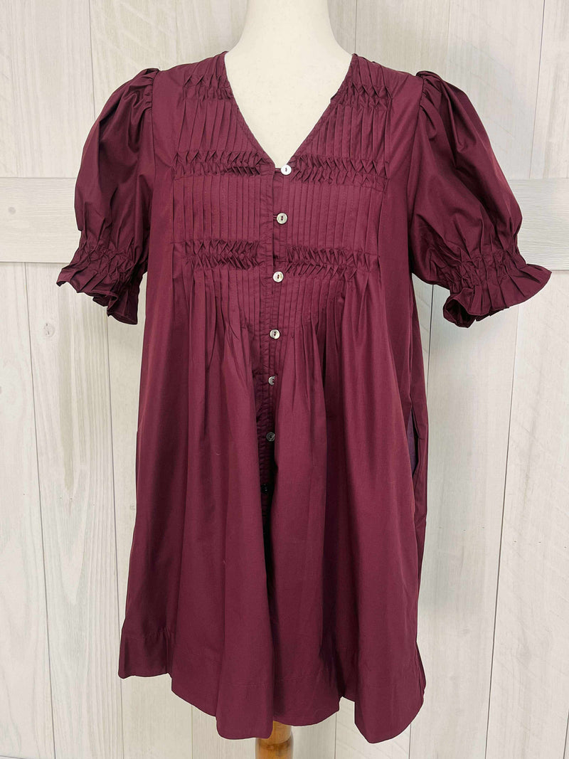 Entro Wine Button Down Smocked Neck Dress
