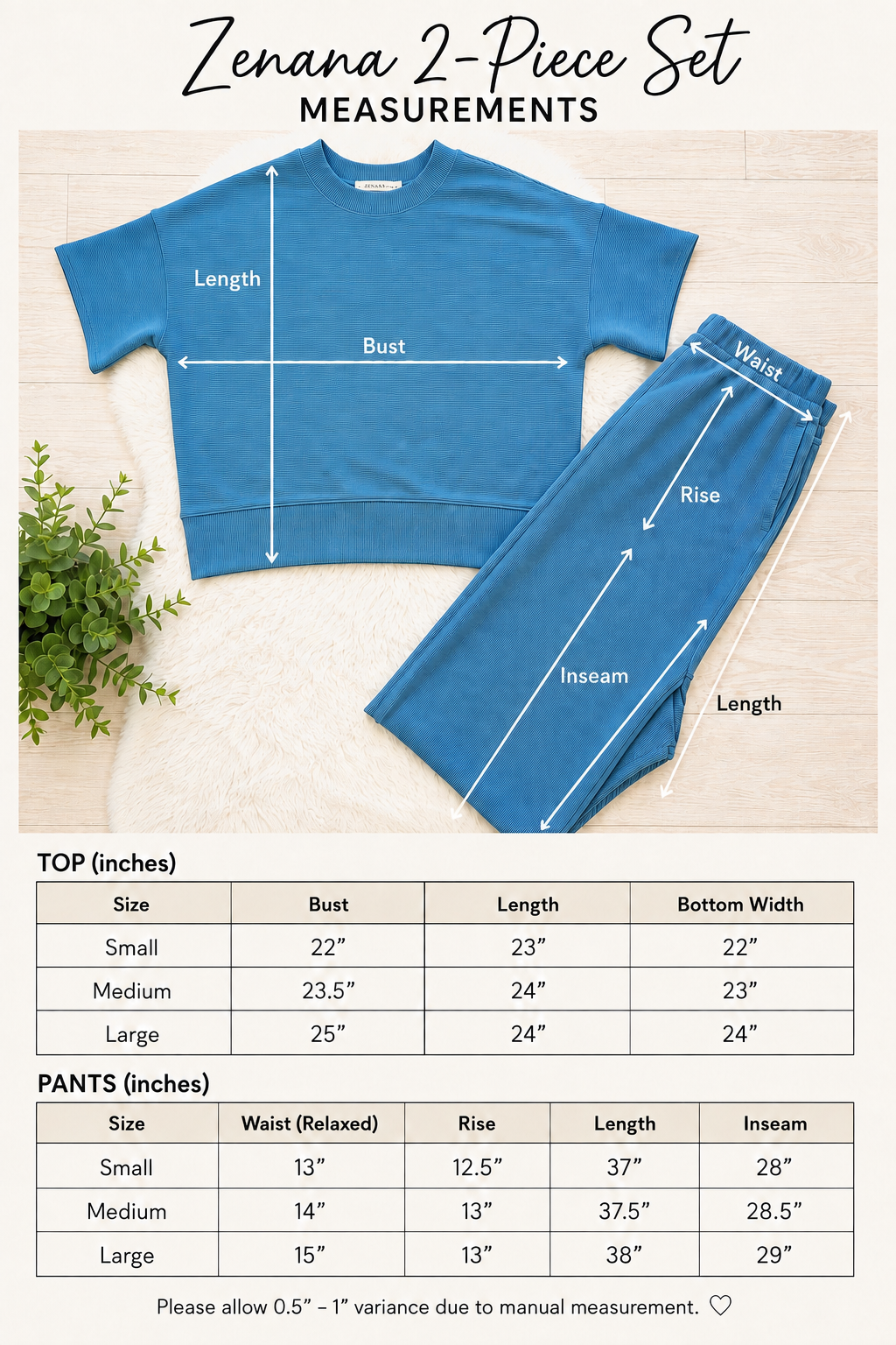 Women’s Zenana Blue Ribbed Pant Set