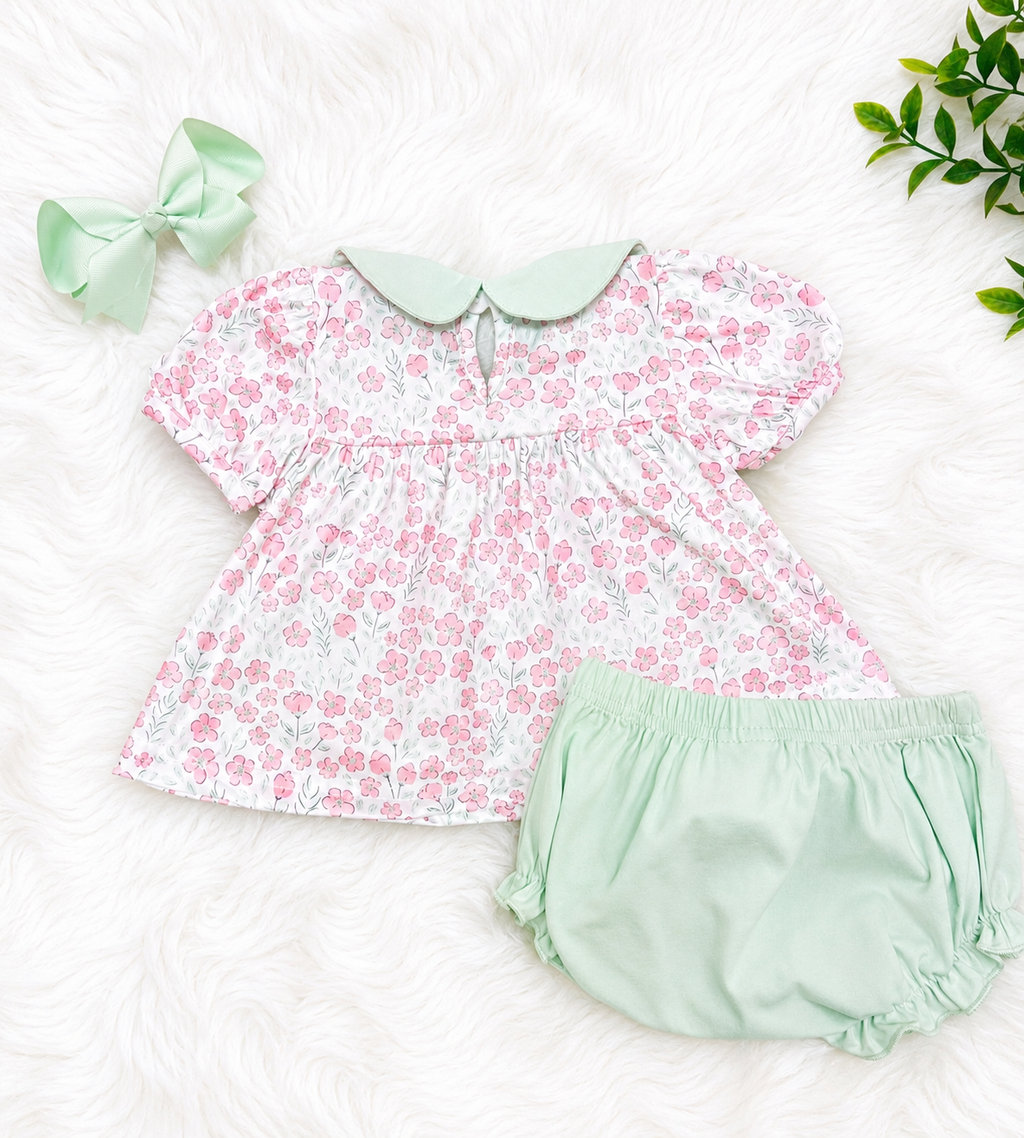 Girl’s Pink and Sage Floral Print Tractor Bloomer