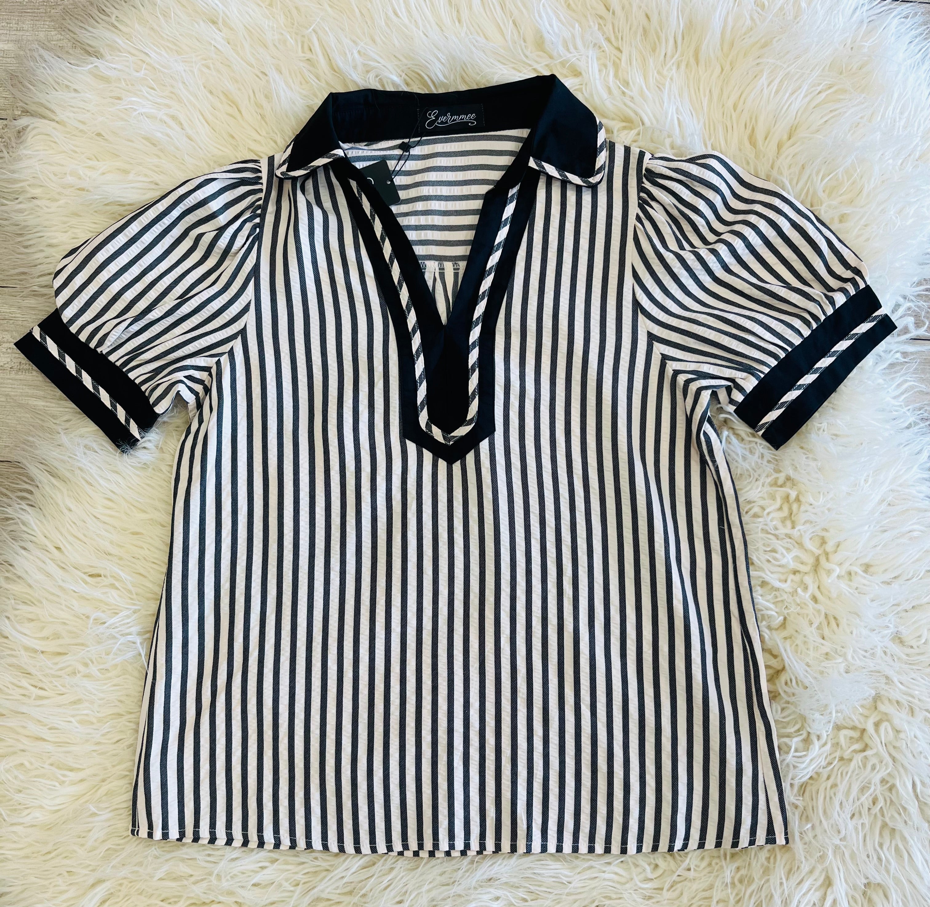 Women’s EvermmeeCollared Split Neck Black Striped Top