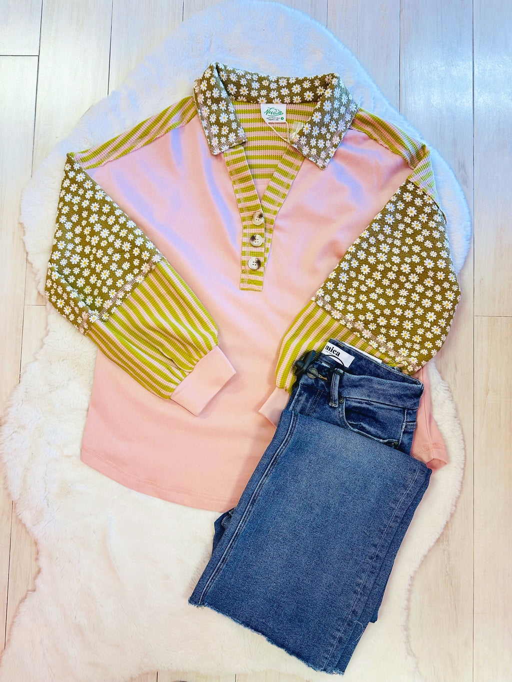 Women’s pink and green floral collared top