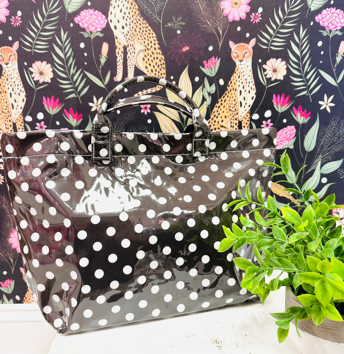 Women’s Brown and White Polka Dot Vinyl Tote Bag
