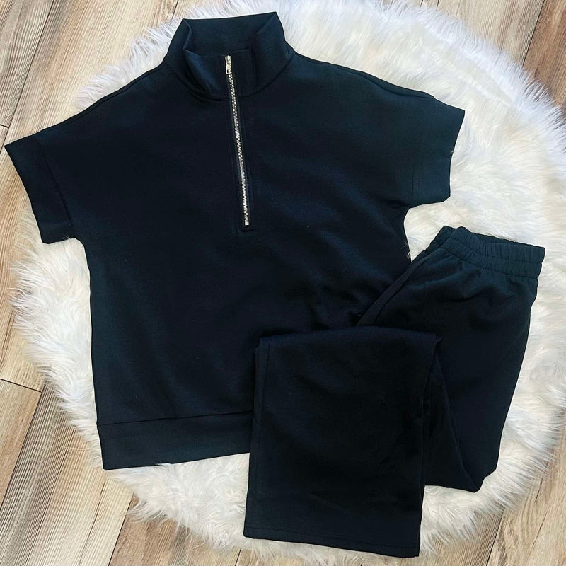Short Sleeve Black Quarter Zip Pant Set