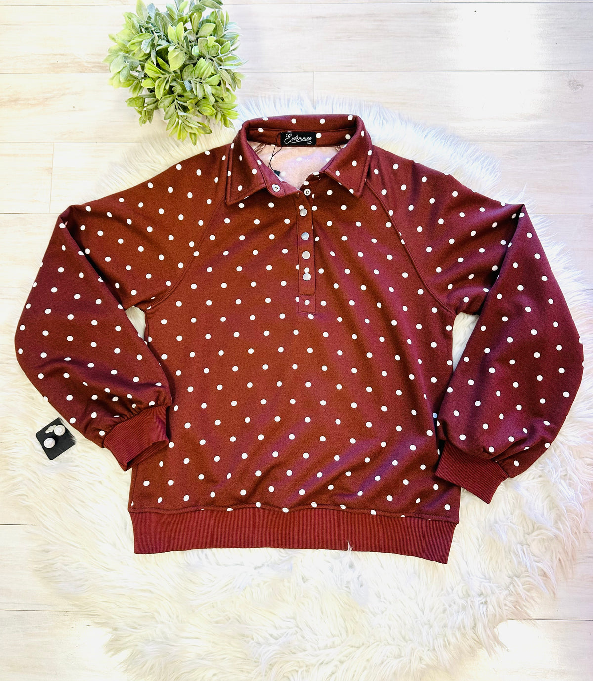 Women’s Evermmee Brown Polka Dot Button Sweater Top - True to Size