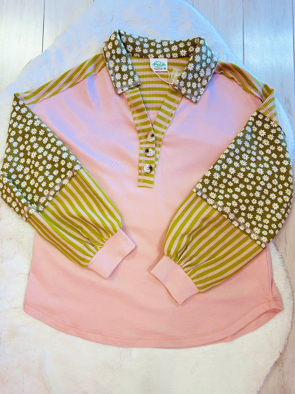 Women’s pink and green floral collared top