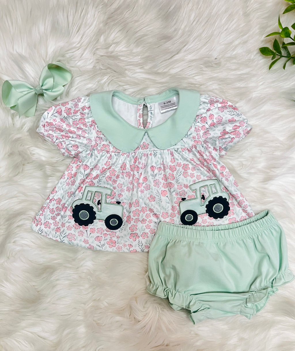Girl’s Pink and Sage Floral Print Tractor Bubble