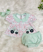 Girl’s Pink and Sage Floral Print Tractor Bubble